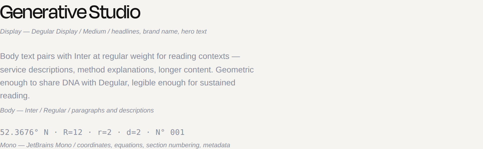 Tipografi: Degular Display, Inter, JetBrains Mono